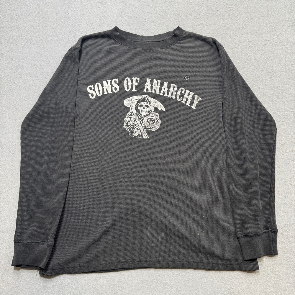 Y2K Southpole Thermal Shirt Men's Large Black Sons of Anarchy Waffle Knit Loose